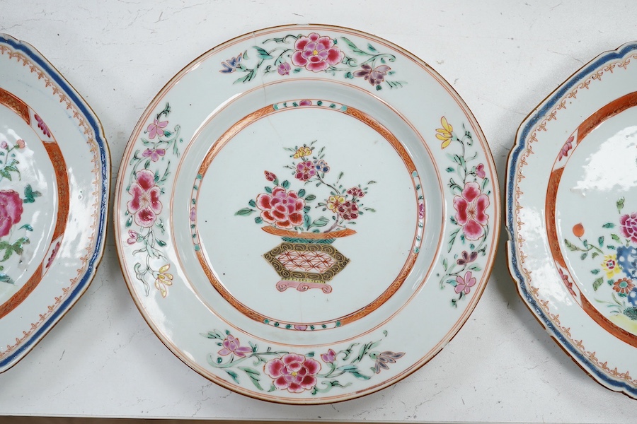 Three Chinese famille rose plates, late 18th century, circular plate 22cm diameter. Condition - edges chipped